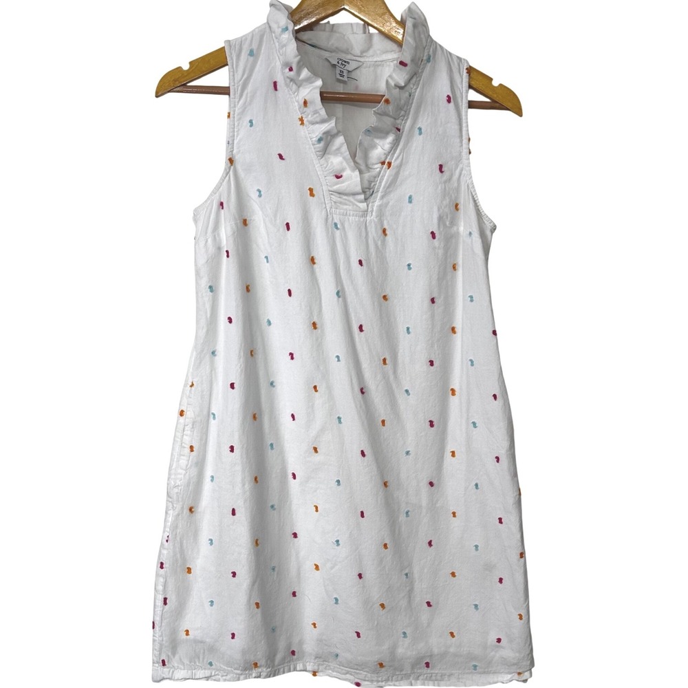 Crown & Ivy Women's XS White Multi Color Embroidered Clip Dot Ruffle Shift Dress